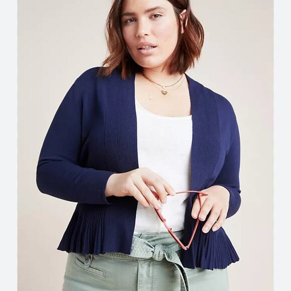 Anthropologie Navy Blue Ribbed Knit Banlieue Peplum Open Cardigan Sweater - Picture 1 of 11
